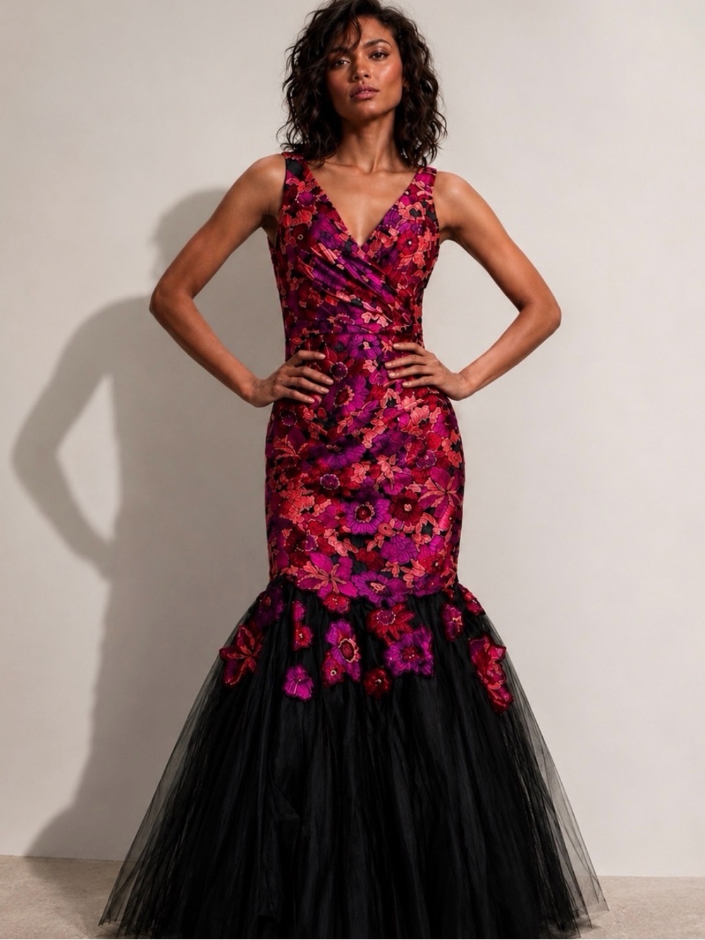 BADGLEY MISCHKA Runway Floral Jacquard Tulle Mermaid Maxi Dress Size 8